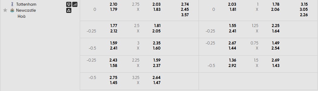 Tỷ lệ kèo Tottenham vs Newcastle